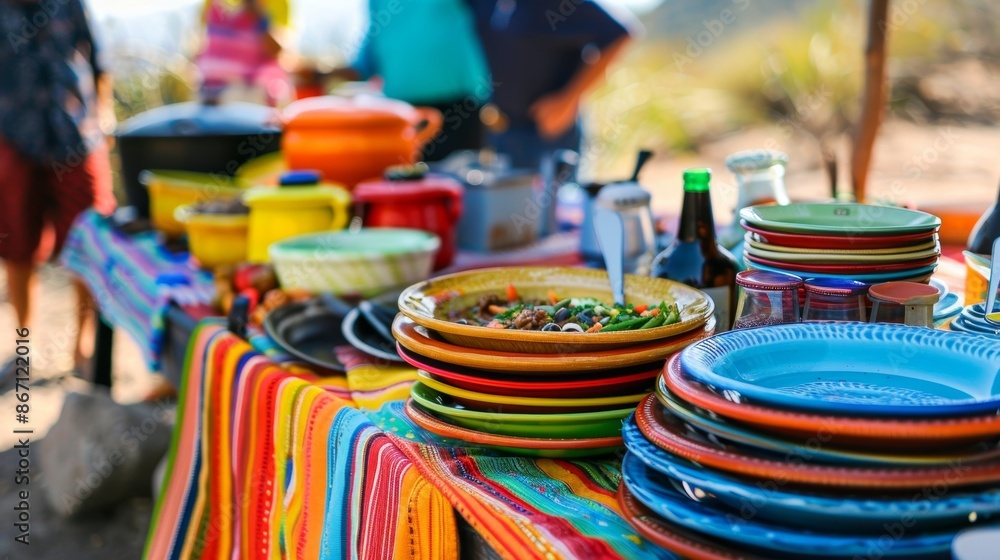 Poster a makeshift table is set up nearby adorned with colorful plates napkins and utensils ready to be fil