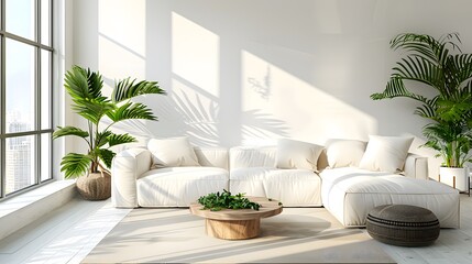Modern living room with a white sofa and plants, a large window on the left side of the wall. an empty space for mockups or product display.