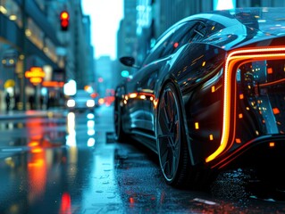 A sleek black sports car with glowing taillights parked on a rainy city street.  The car is in focus while the city background is blurred.