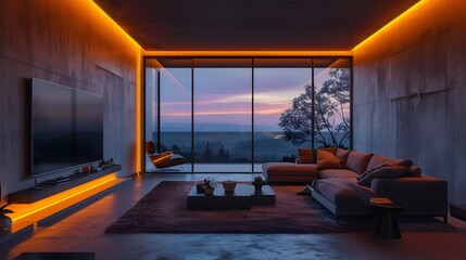 Modern living room with wall light strip lighting around the TV and couch, concrete walls, night time, LED strips on the ceiling, warm LED lights under furniture, modern interior design.