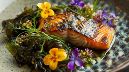 A plate of grilled wild salmon served with a side of foraged seaweed salad and garnished with edible flowers.