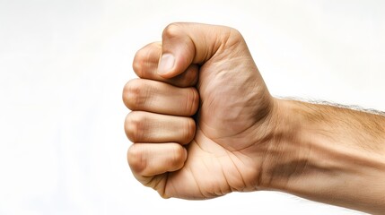 Photo of A man's fist raised in the air, symbolizing strength and determination on white background.