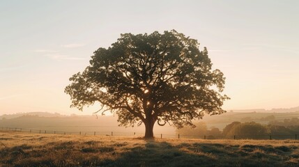 A solitary oak tree in a rural landscape, its branches outlined against the setting sun's warm light
