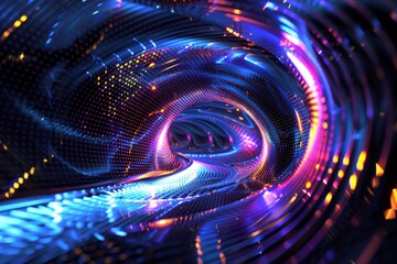 Vivid abstract background with glowing neon tunnel or wormhole. Concept of technology, cyberspace, digital art, and metaverse