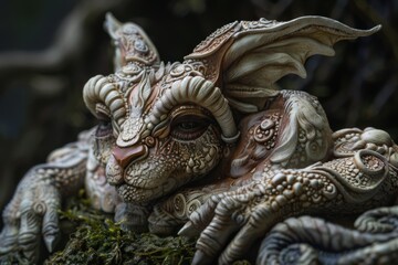 Ornate mythical creature resembling a mix of dragon and rabbit in forest.