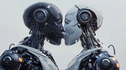 Fototapeta premium Two robots share a tender kiss in a cozy room. 