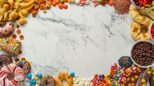 Colorful assortment of junk food items forming an enticing double border on a refined white marble backdrop