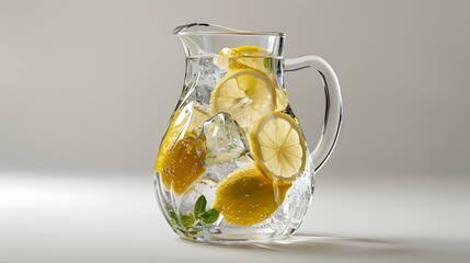 Transparent acrylic pitcher filled with lemonade and ice, clean white backdrop, bright studio illumination, commercial photography.