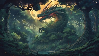 Celestial Green Dragon in The Mystical Forest Wallpaper Illustration