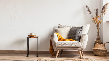 Residential interiors design composition in warm tone with natural window lighting, stylish furniture and copy space. Rustic Real Estate advertising composition.