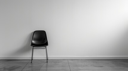 Single lone black chair against a white wall, A single black chair in a minimalist, sunlit room from a window. White walls copy space for text.