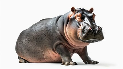 Obraz premium Full-body image of a hippopotamus in a sitting position, isolated on a white backdrop
