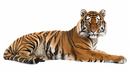 Obraz premium Full-body image of a relaxed tiger, isolated on white, highlighting its sleek fur and powerful legs