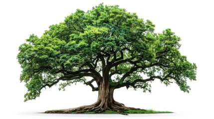 Grand tree with lush green leaves, isolated on white, highlighting its impressive size and form