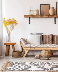 Residential interiors design composition in warm tone with natural window lighting, stylish furniture and copy space. Rustic Real Estate advertising composition.