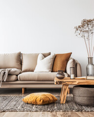 Residential interiors design composition in warm tone with natural window lighting, stylish furniture and copy space. Rustic Real Estate advertising composition.