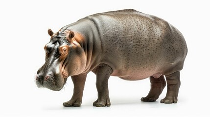 Fototapeta premium Hippo standing still, isolated on white, emphasizing its thick skin and robust form