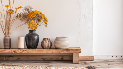 Residential interiors design composition in warm tone with natural window lighting, stylish furniture and copy space. Rustic Real Estate advertising composition.