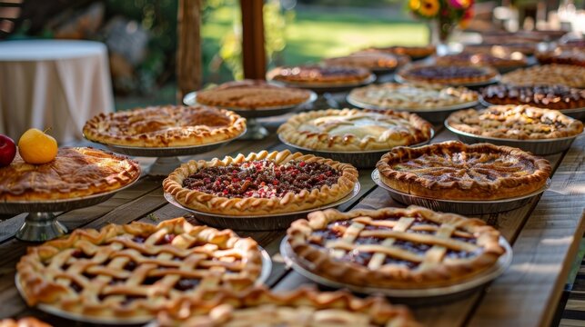 A long table set with a variety of freshly baked pies all made from ingredients grown on local farms.