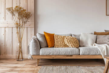 Residential interiors design composition in warm tone with natural window lighting, stylish furniture and copy space. Rustic Real Estate advertising composition.