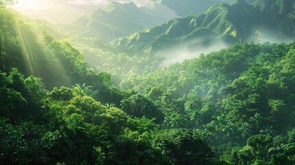 Morning light on a tropical green tree mountain forest, highlighting the rich foliage and serene landscape
