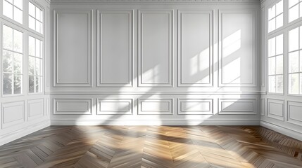 white wall with white moulding, white panelled walls, empty room, white walls, wood floor.