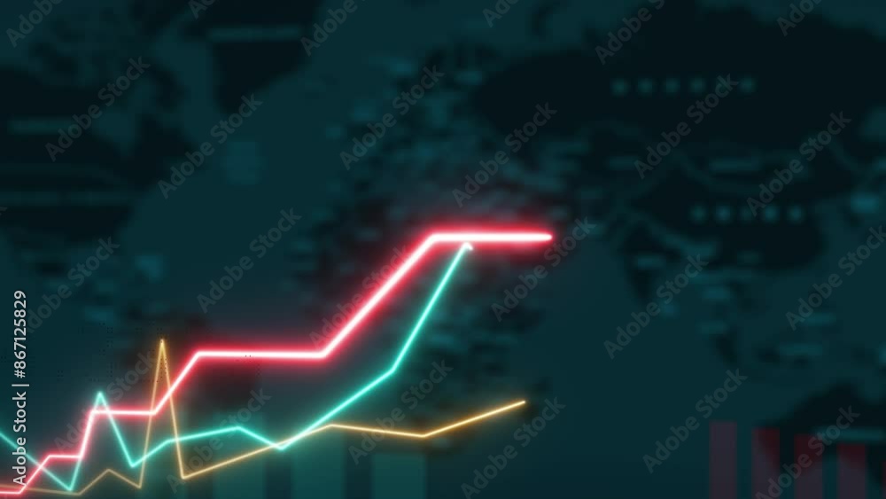 Sticker glow, charts and stock exchange for finance investment with growth, revenue or profit data. developm