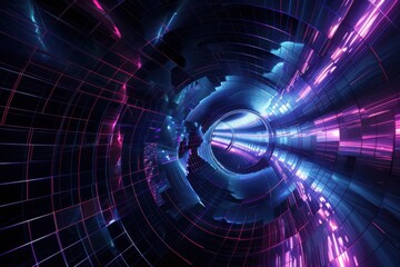 Fototapeta premium Abstract Futuristic Sci-Fi Tunnel with Glowing Neon Lights, Digital Background Image
