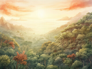 Obraz premium Watercolor illustration, A serene dense forest in prehistoric era with towering trees and a clear sunset sky