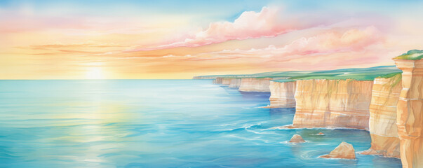 Watercolor illustration, A stunning summer coastline with majestic cliffs, turquoise waters, and a golden sky