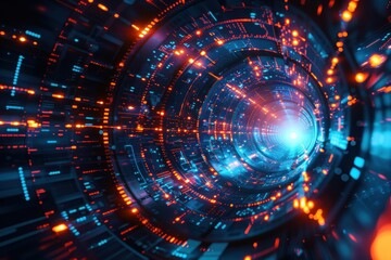Futuristic Technology Tunnel. Abstract digital background with glowing lights, perfect for tech, gaming, or sci-fi projects