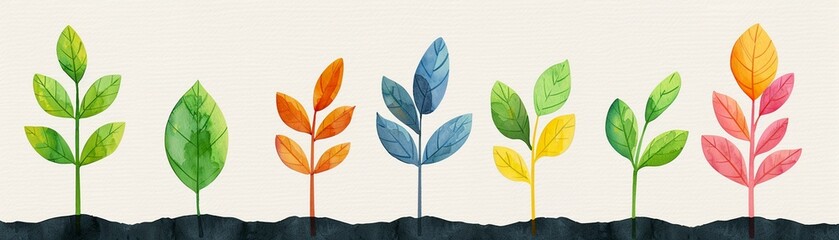 Fototapeta premium Watercolor bar graph with leaves, representing environmental growth and sustainable development, bright and organic design