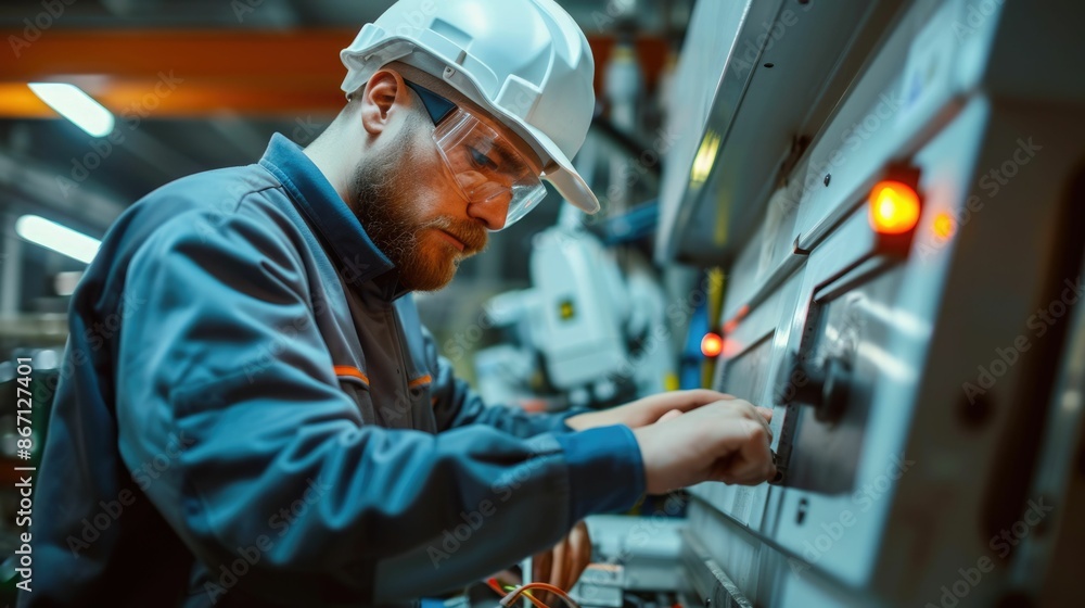 Poster smart engineer checking iron machine in factory while wearing safety helmet. professional industrial