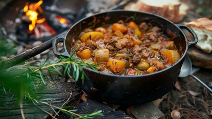 A rustic and earthy stew featuring freshly picked ingredients from the surrounding forest.