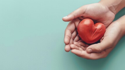 Fototapeta premium Hands Holding a Red Heart on a Light Blue Background