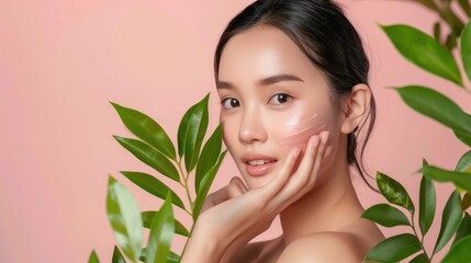 Fototapeta premium Woman Applying Moisturizer with Green Leaves