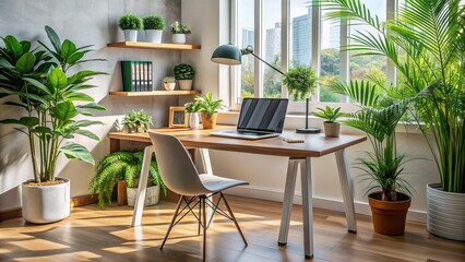 Obraz premium Modern minimalist home office desk with laptop, graphs, and papers, surrounded by plants, with a comfortable ergonomic chair nearby.