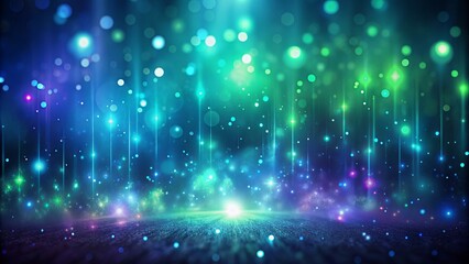 Ethereal abstract backdrop featuring glowing green and blue misty lights amidst dark blue and purple noise texture color gradient.