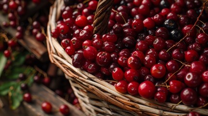 Plump and juicy foraged berries are artfully arranged in a basket ready to be turned into a batch of homemade jam.