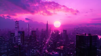 vaporwave style city skyline with buildings and skyscrapers, a purple sun is setting in the background, cyberpunk aesthetic, dark fantasy, neon lights