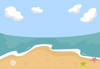 貝殻とヒトデのある砂浜と海と空の風景のベクターイラストレーション