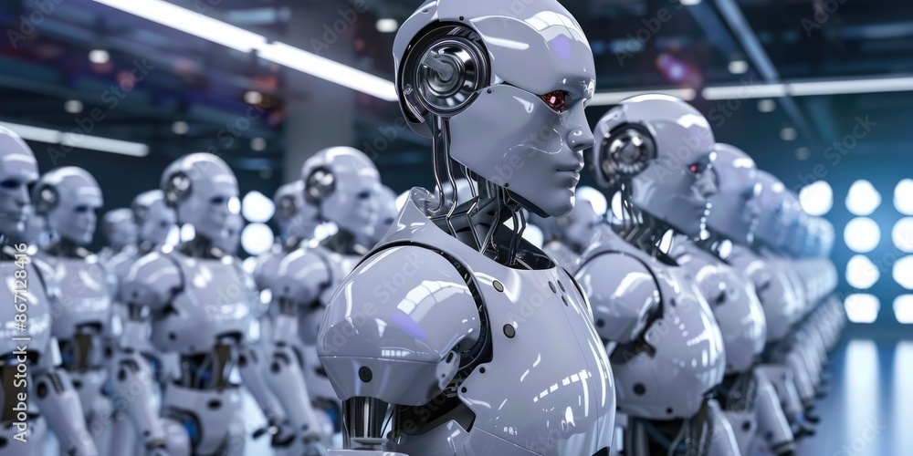 Poster robots operate within a futuristic, hightech control room, interacting with advanced digital interfa