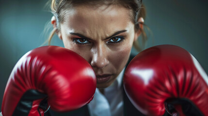 Businesswoman landing a solid right cross in the boxing match.