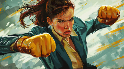 Businesswoman throwing a series of rapid punches in the ring.