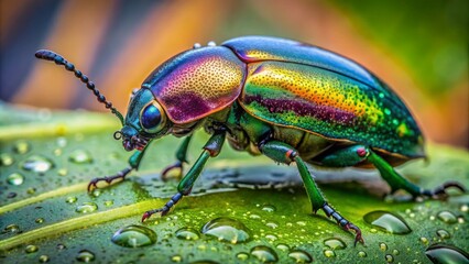 Fototapeta premium Colorful swollen-thighed beetle female perches on lush green leaf with intricate veins and subtle morning dew droplets surrounding it.