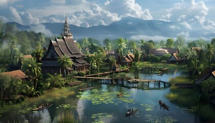 Fototapeta premium Thai village traditional style ,Beautiful view