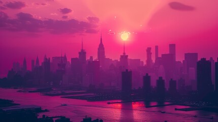 Obraz premium vaporwave style city skyline with buildings and skyscrapers, a purple sun is setting in the background, cyberpunk aesthetic, dark fantasy, neon lights