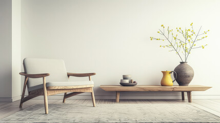 Elegant minimalist room interiors with Japanese decor, in neutral contrasting tone with lots of window lighting and copy space. Property advertising conceptual image for Real Estate.