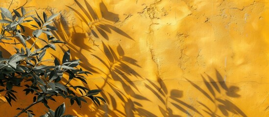 Shadow of leaves on a textured yellow concrete wall with roughness and irregularities. Colorful abstract nature-themed concept background with space for text overlay and poster display.