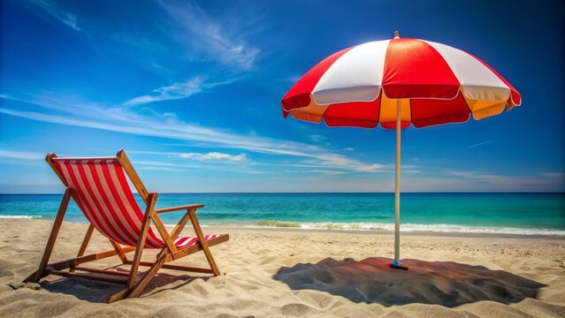 Vibrant red beach chair and umbrella sit idly alongside a deflated beach ball, evoking a serene and inviting travel getaway atmosphere.